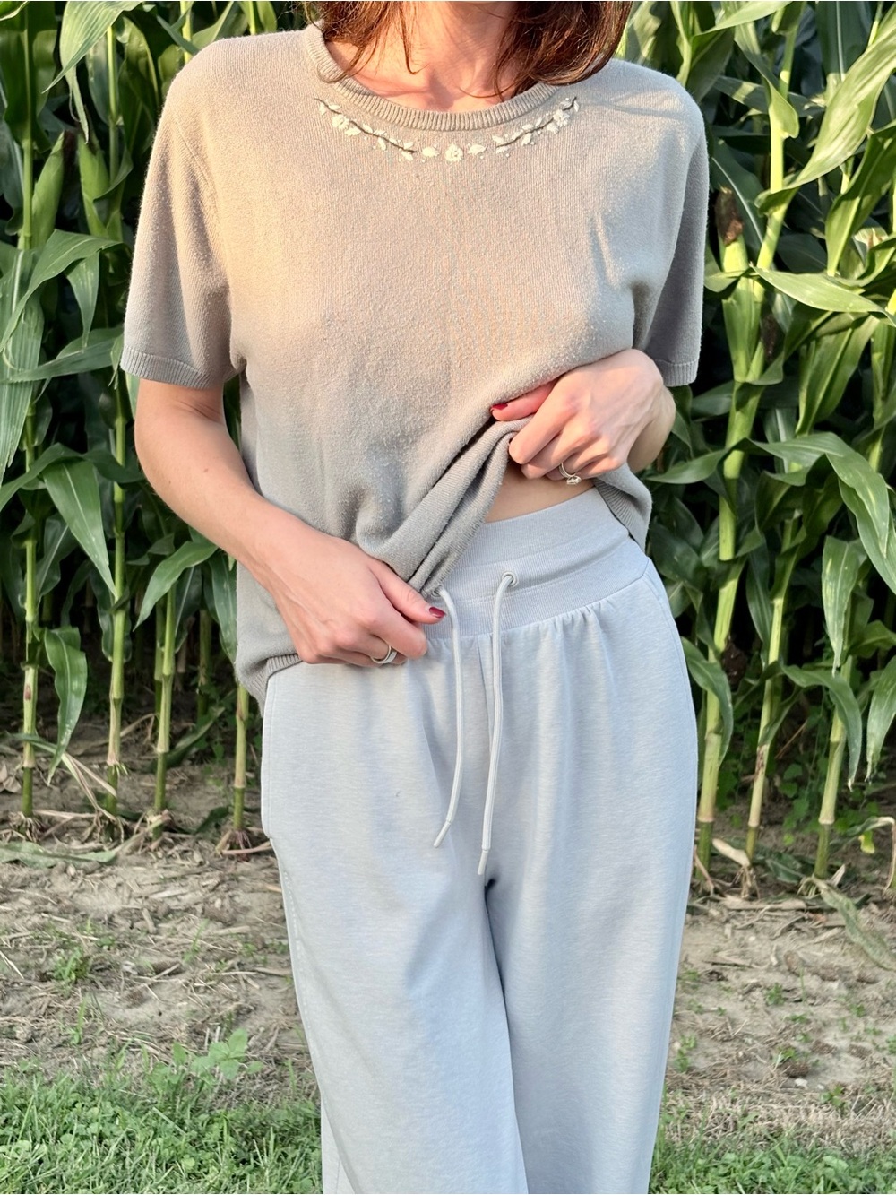 Light Gray Short-Sleeve Knit Shirt with Embroidered Neck
